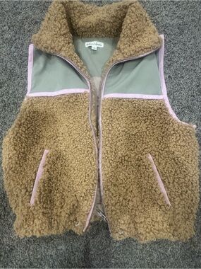 For Love and Lemons Tan Sherpa Vest with Pink Trim